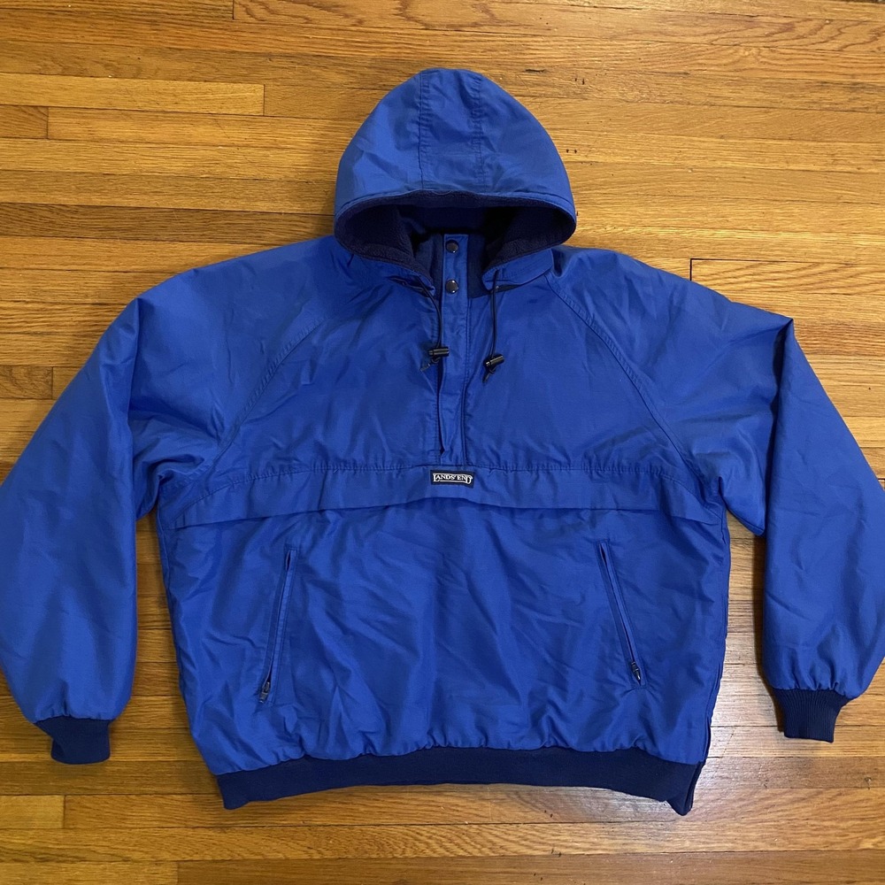 Vintage Lands End Jacket Mens XL Blue Hooded Fleece Pullover Anorak 90s USA